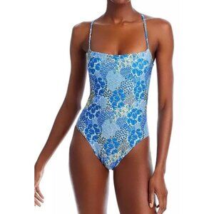 Peixoto Sz L Swimsuit Blue Beige White Floral Print Strappy One Piece New NWT
